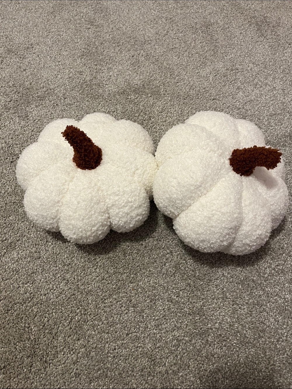 Neutral White Plush Pumpkin Accent Pillows with Brown Stems